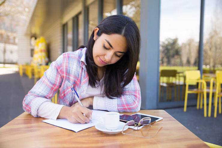 focused-young-woman-making-notes-outdoor-cafe_1262-18841